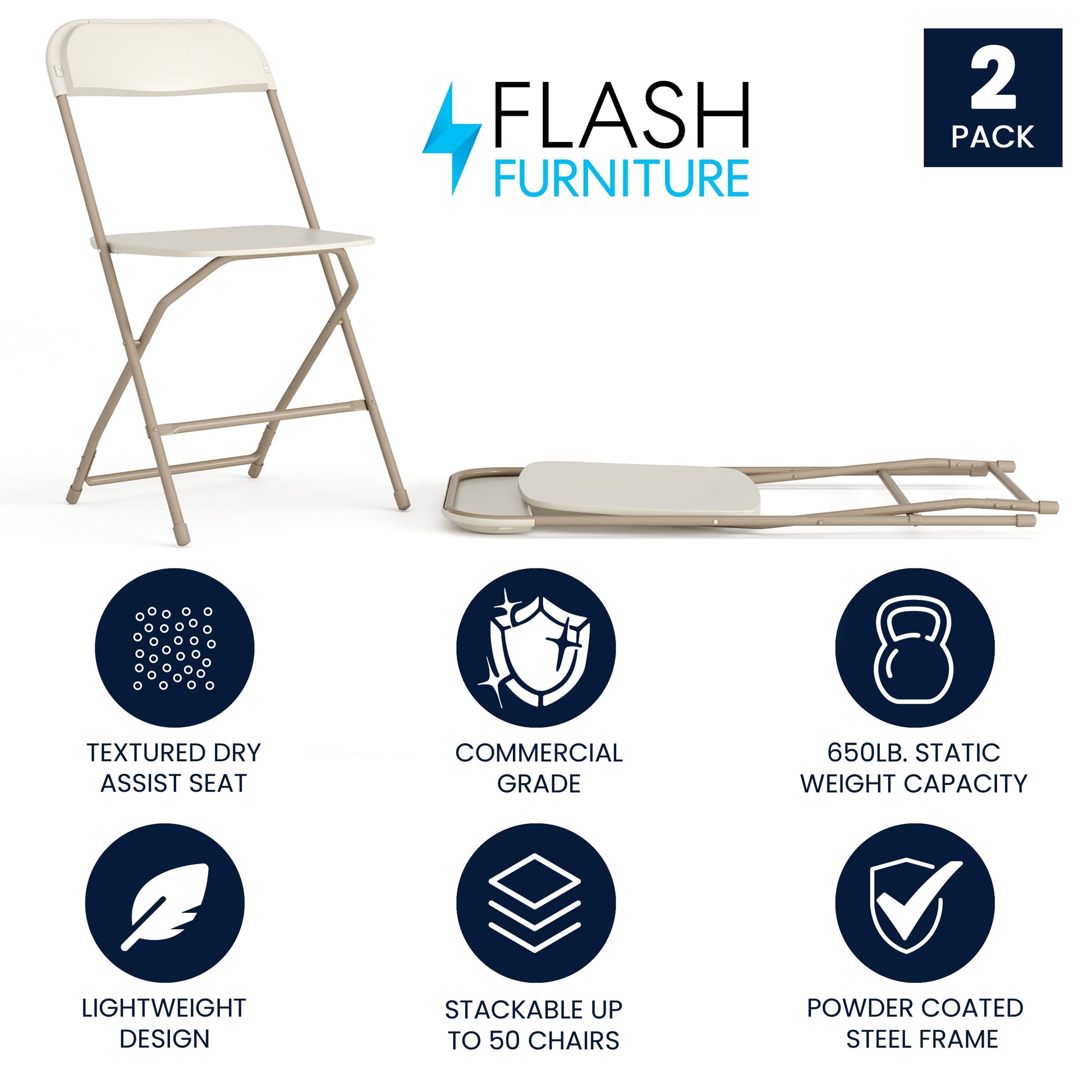 Hercules Series Plastic Folding Chair Beige - 2 Pack 650LB Weight Capacity Comfortable Event Chair-Lightweight Folding Chair