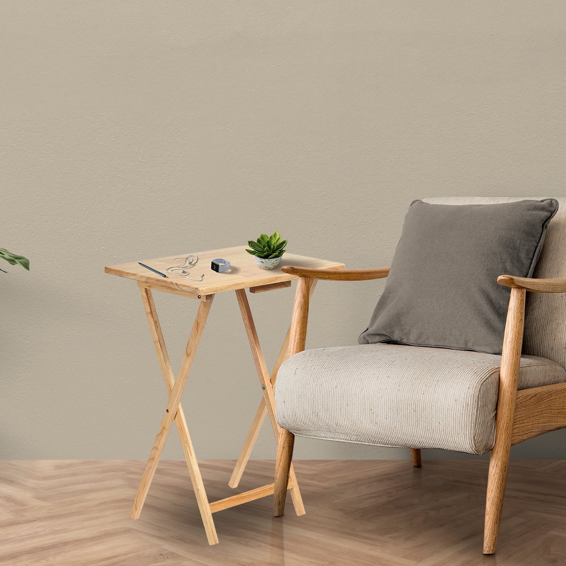 Folding TV Tray Tables with Storage Rack, Natural, 5 Piece Set
