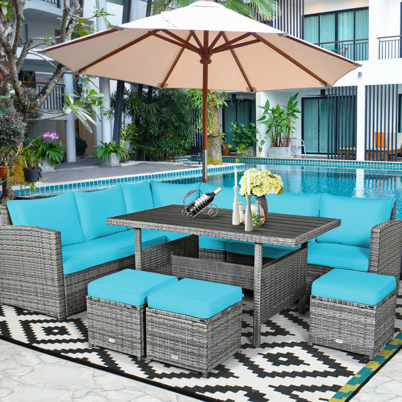 7 Pieces Outdoor Wicker Sectional Sofa Set with Dining Table