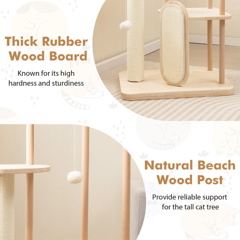 Wooden Multi-Level Modern Cat Tower with Scratching Board and Post