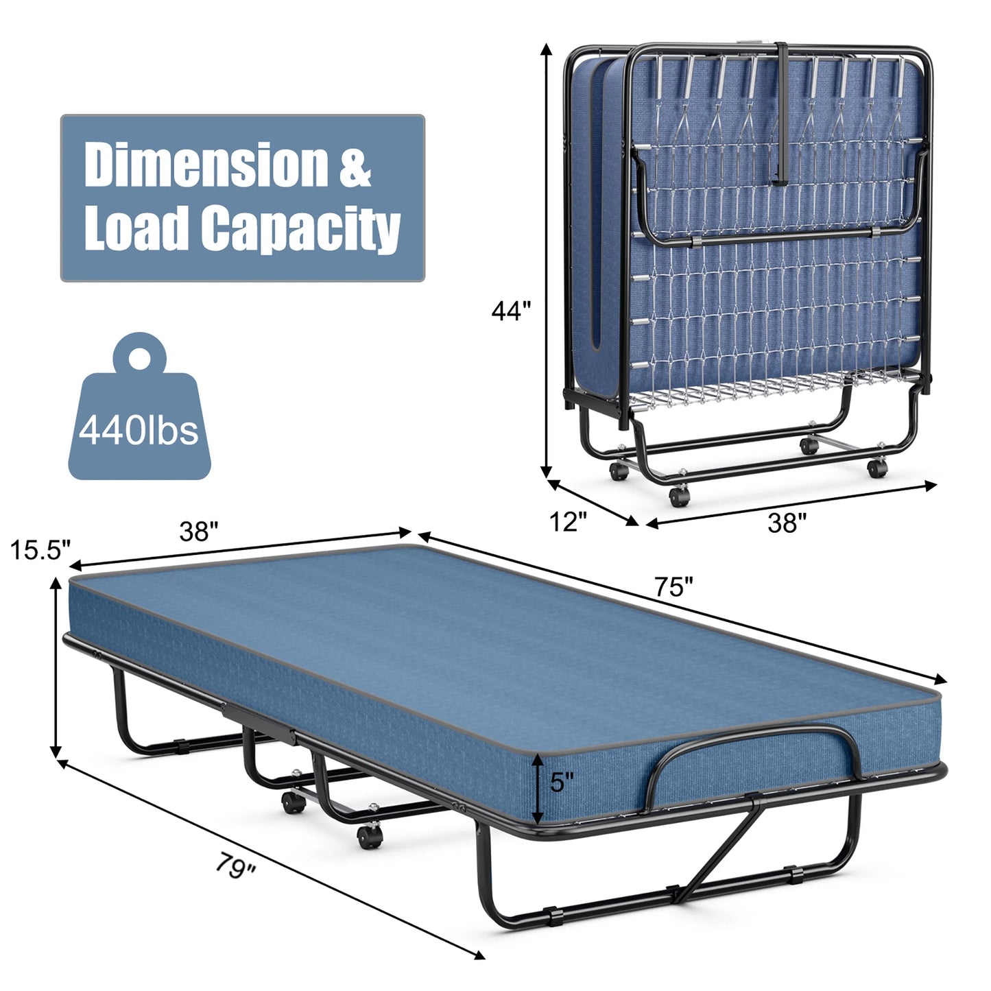 Folding Bed with Mattress Portable Rollaway Guest Cot Memory Foam Made in Italy Navy