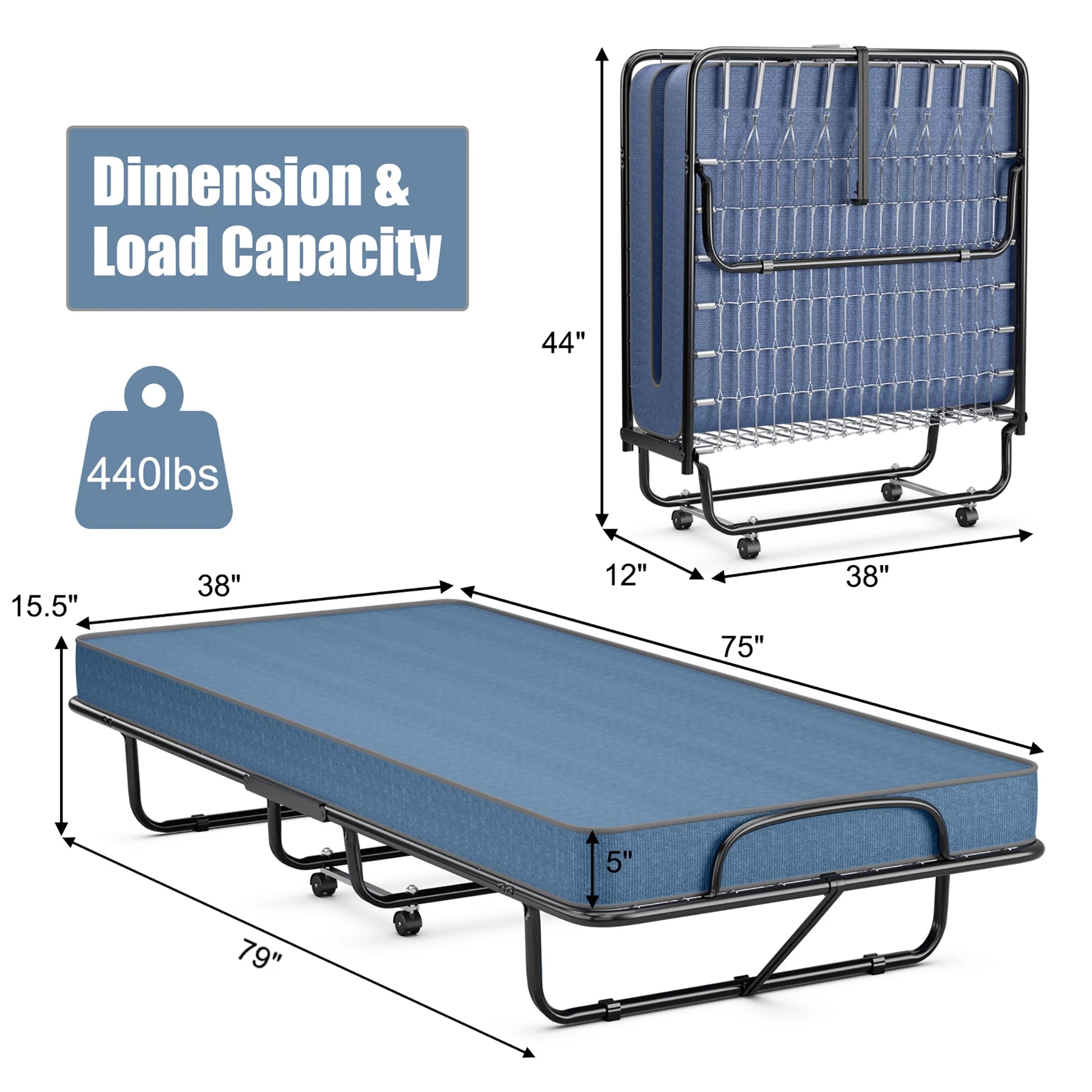 Folding Bed with Mattress Portable Rollaway Guest Cot Memory Foam Made in Italy Navy