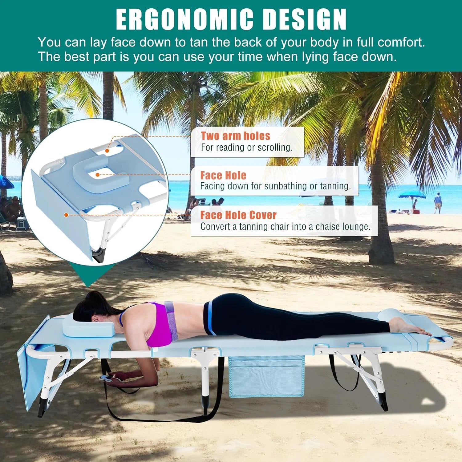 3-In-1 Face down Tanning Chair, Folding Lounge Chair with Face & Arm Hole, 5-Position Adjustable Camping Cot, 2-Sided Cushion, Pillow & Carry Straps for Beach & Outdoor
