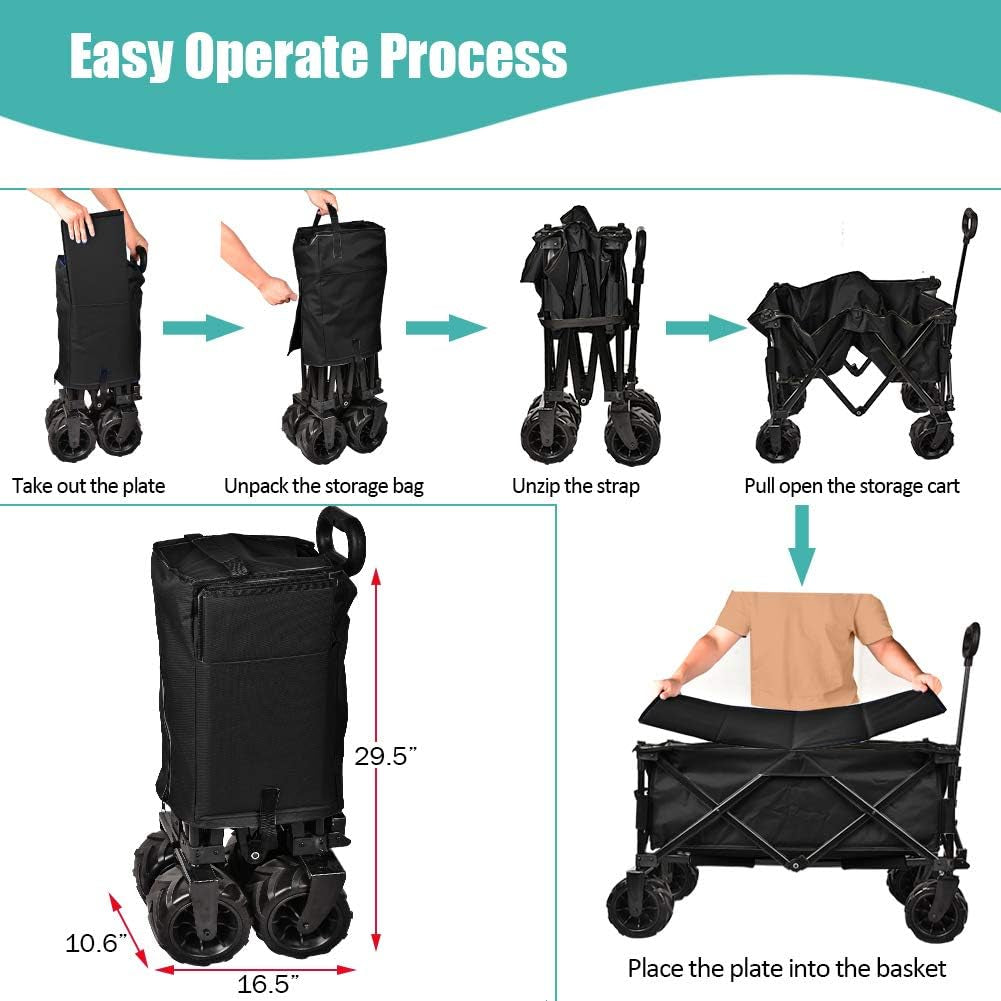 Folding Wagon Collapsible Utility Big Wheels Shopping Cart for Beach Outdoor Camping Garden Canvas Fabric All Terrain Heavy Duty Portable Grocery Cart Buggies Adjustable Handle (Black)