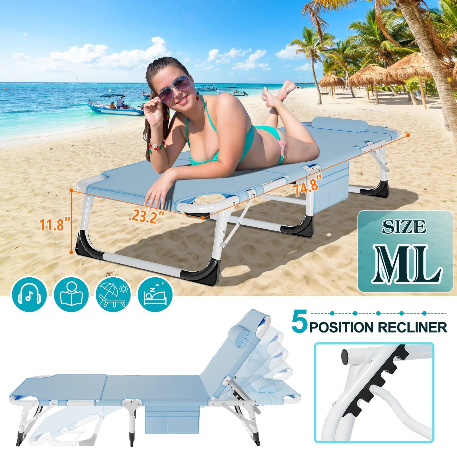 3-In-1 Face down Tanning Chair, Folding Lounge Chair with Face & Arm Hole, 5-Position Adjustable Camping Cot, 2-Sided Cushion, Pillow & Carry Straps for Beach & Outdoor