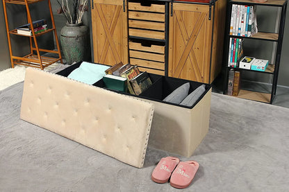 43.3" Beige Velvet Ottoman Storage, Extra Large End of Bed Storage Box with Lids, Footstool Folding Ottoman Bench Window Seat with Rivet
