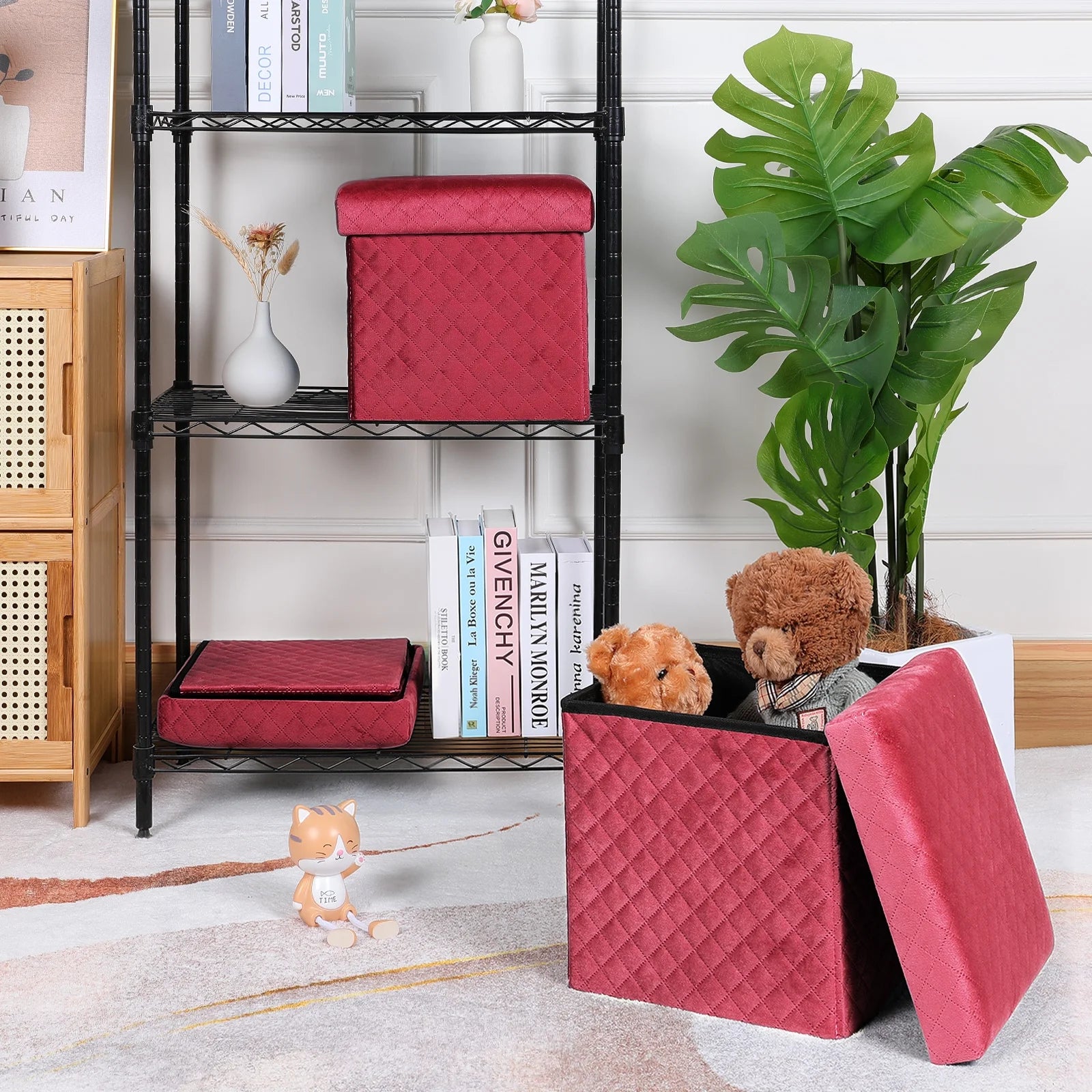 Folding Storage Ottoman Cube Velvet Tufted Space-Saving Toy Box Foot Rest Stool Seat for Home Bedroom, 11.8"