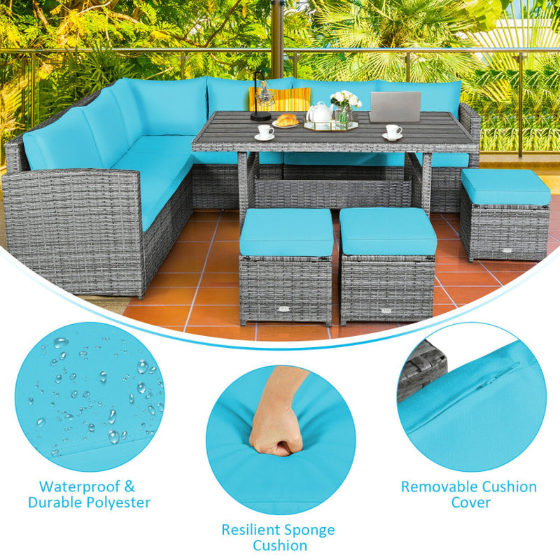 7 Pieces Outdoor Wicker Sectional Sofa Set with Dining Table