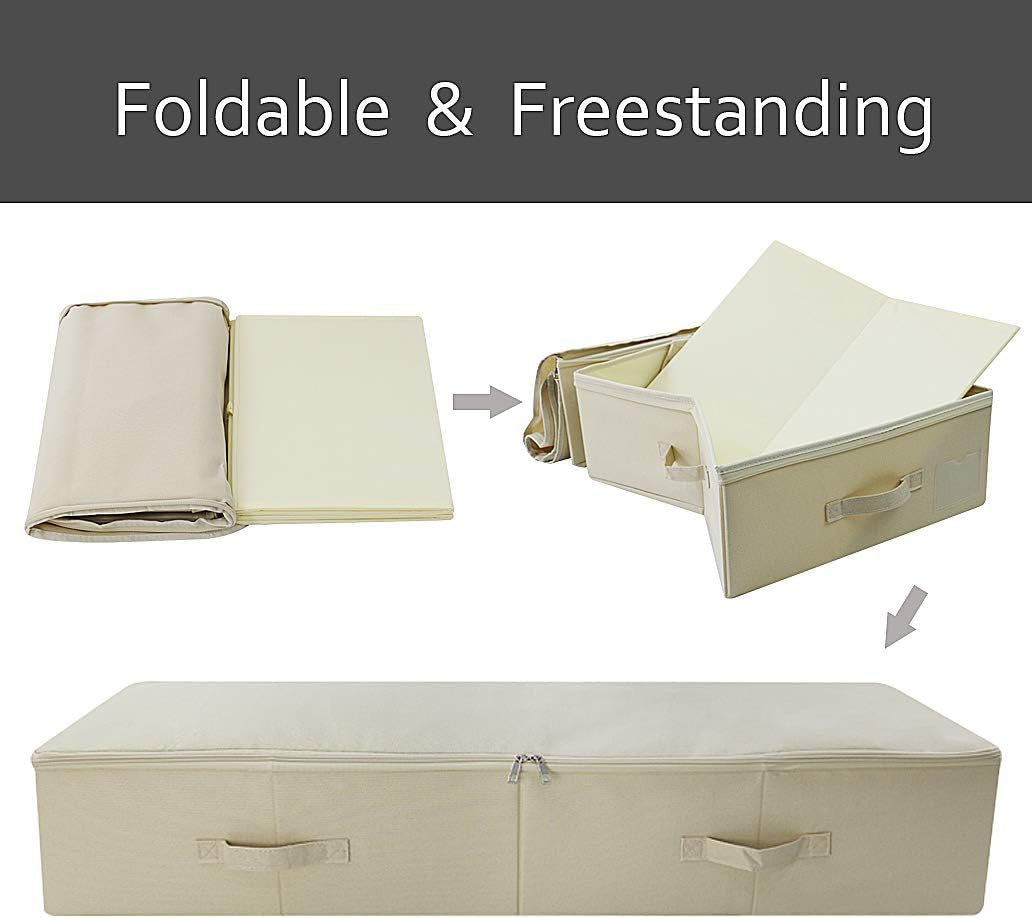 39.4" Ultra-Length Foldable & Washable Underbed Storage Organizer Containers for Clothing, Shoes, Bedding - Ideal for Bedroom, College Dorm (Black Gray), Beige