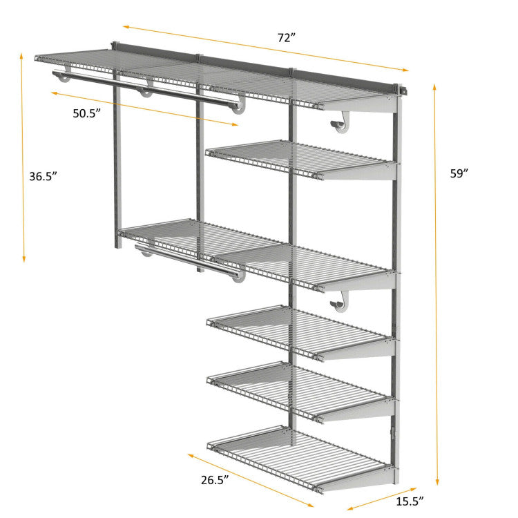 Adjustable Closet Organizer Kit with Shelves and Hanging Rods for 4 to 6 Feet