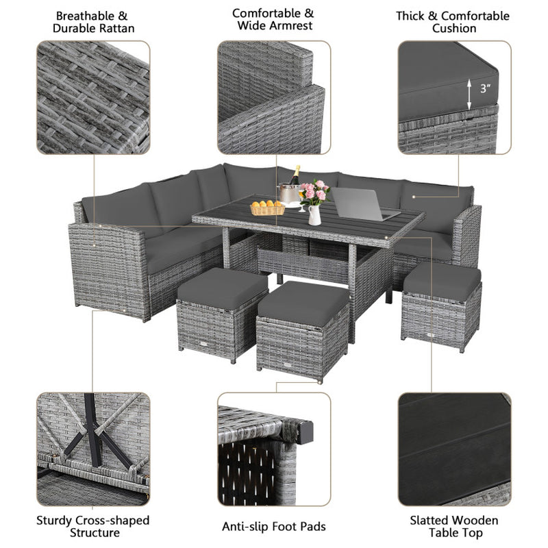 7 Pieces Outdoor Wicker Sectional Sofa Set with Dining Table