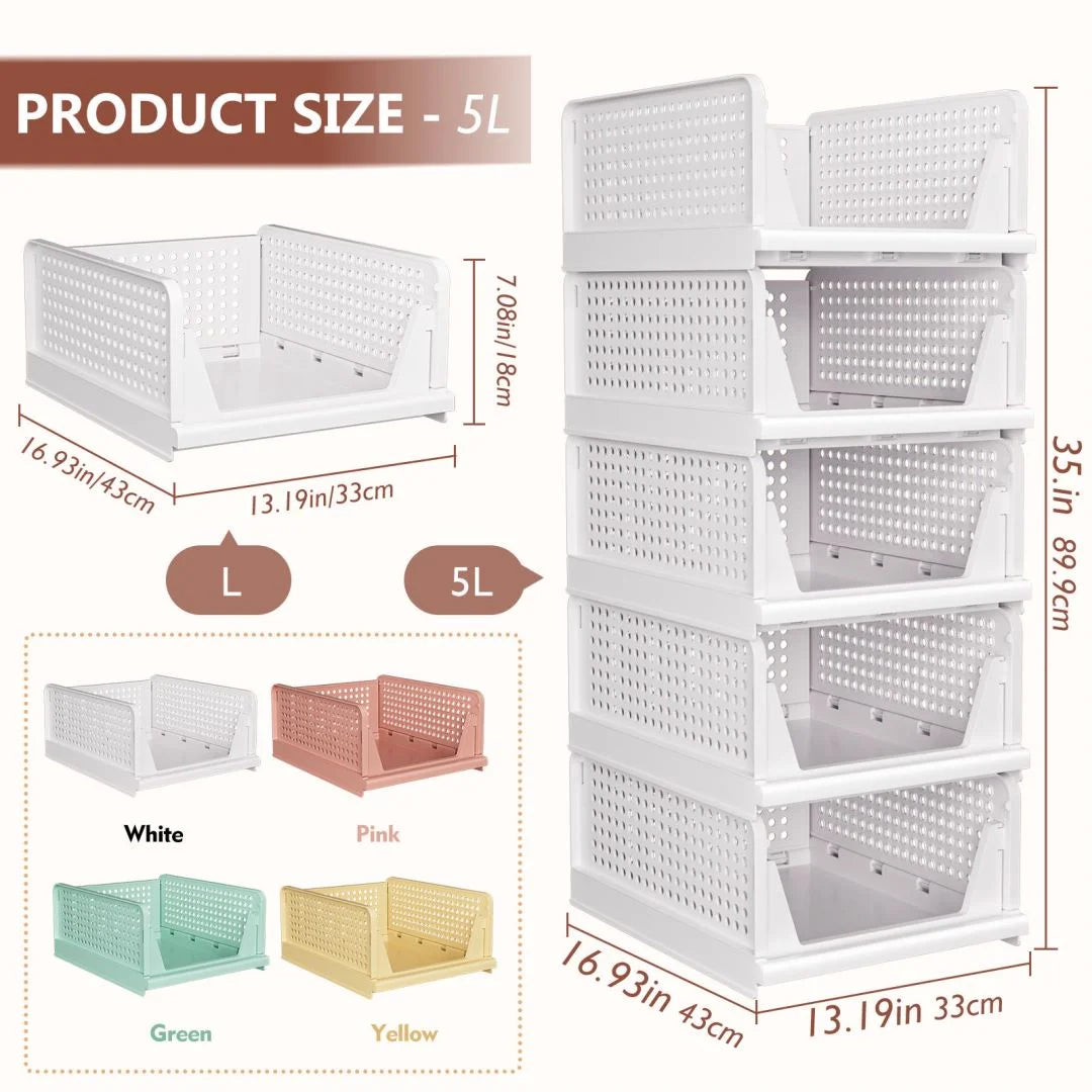 5 Pack Folding Organizers Storage Basket, White Plastic Stackable Storage Bins for Kitchen Bathroom Office,5L