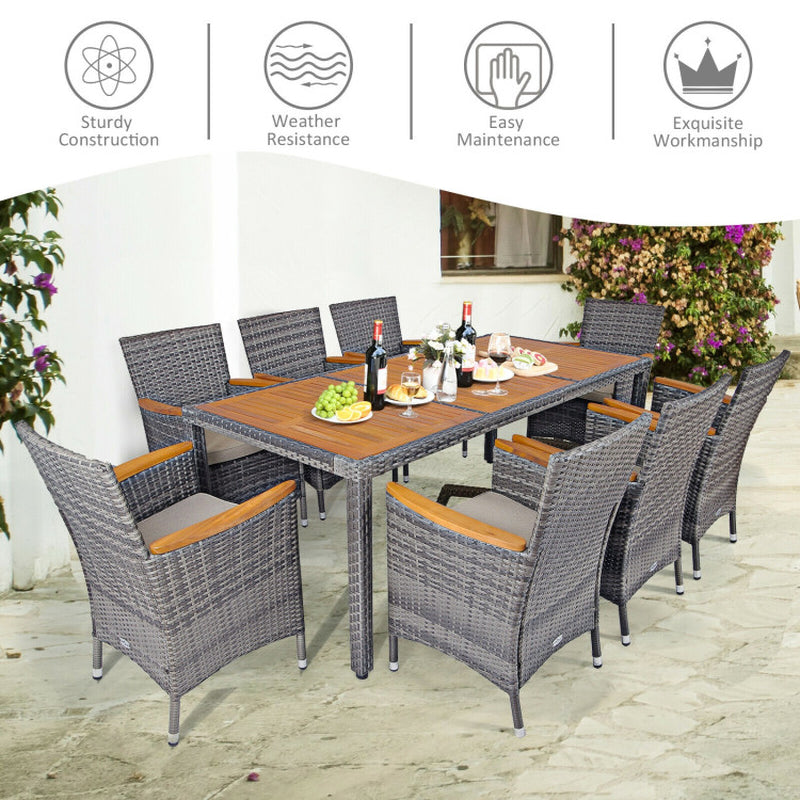 9 Pieces Patio Rattan Dining Set Acacia Wood Table Cushioned Chair