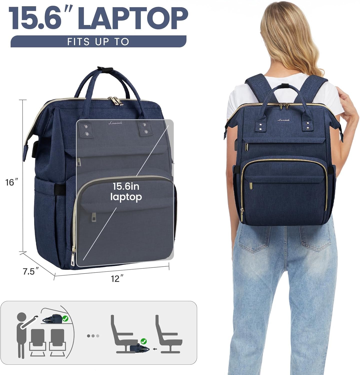 Laptop Backpack for Women,15.6 Inch Professional Womens Travel Backpack Purse Computer Laptop Bag Nurse Teacher Backpack,Waterproof College Work Bag Carry on Back Pack with USB Port,Dark Blue