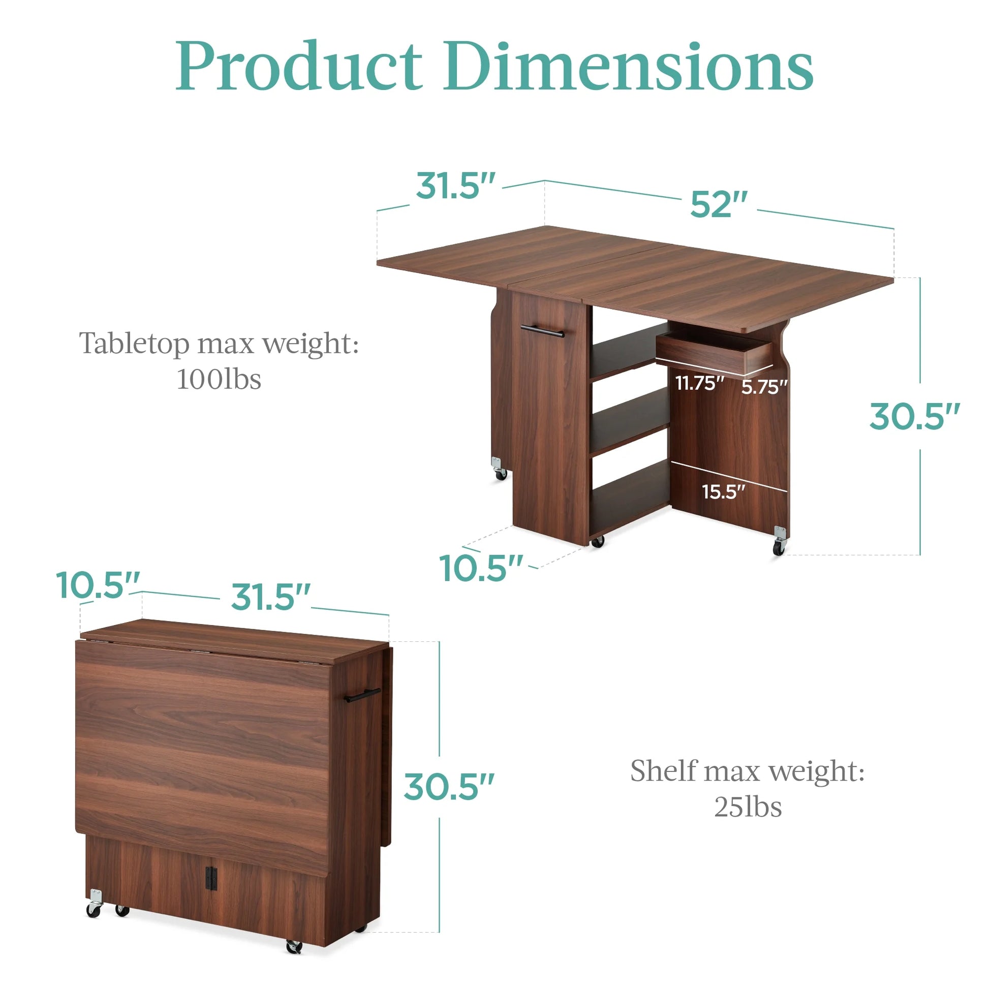 Multipurpose Folding Table W/ Wheels, 3 Storage Shelves, Cubby, Handle - Brown