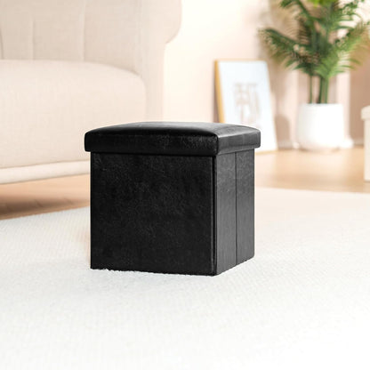 Folding Storage Ottoman Cube with Faux Leather for Living Room, Bedroom, Home Office, Dorm Storage Footrest Black 11.8"X11.8"X11.8"