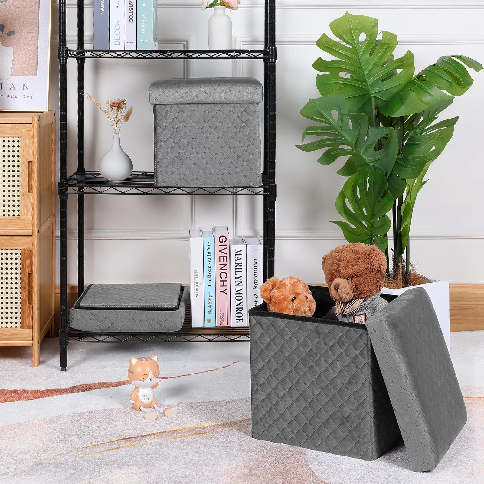 Folding Storage Ottoman Cube Velvet Tufted Space-Saving Toy Box Foot Rest Stool Seat for Home Bedroom, 11.8"
