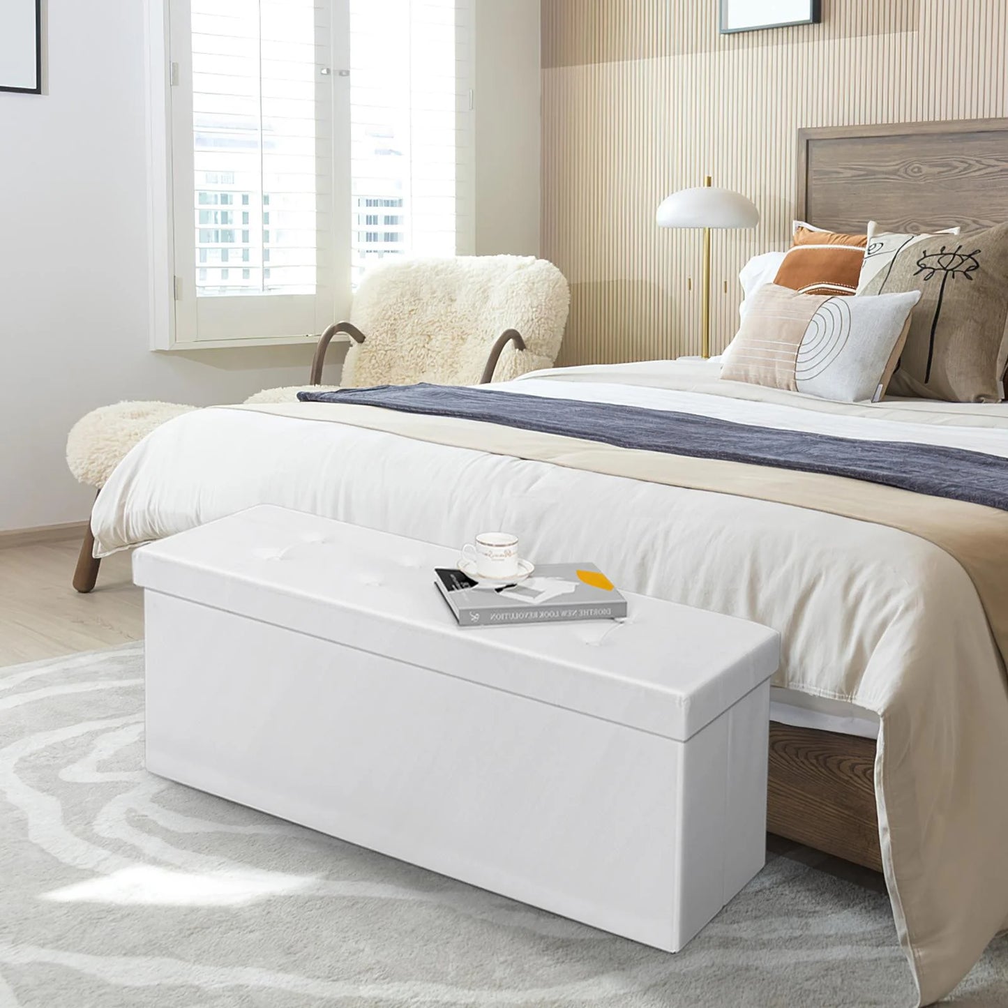 Ottoman Storage Bench 45'' Faux Leather, 165L Oversized Storage Folding Chest Footrest Padded Seat for Bedroom
