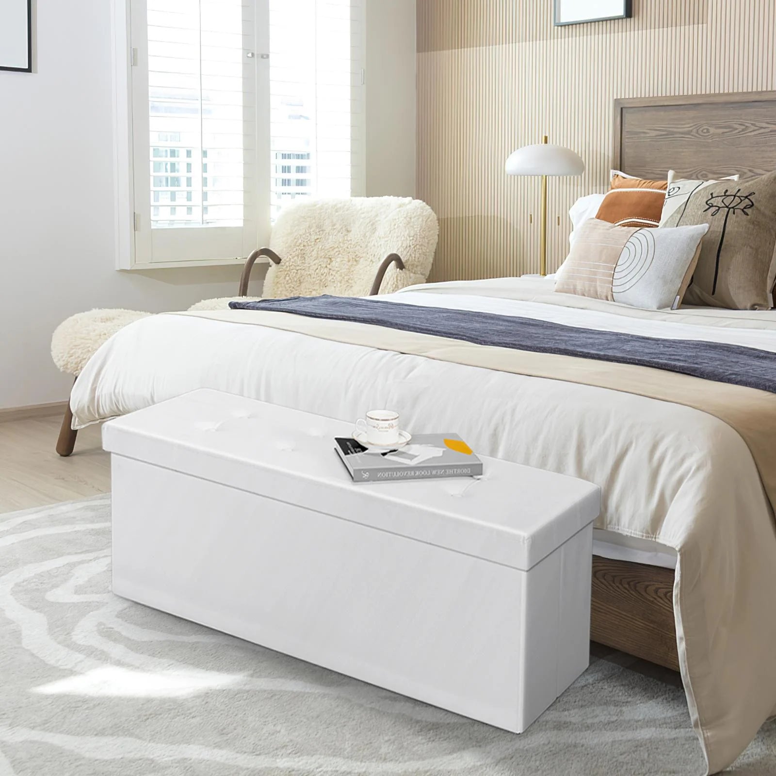 Ottoman Storage Bench 45'' Faux Leather, 165L Oversized Storage Folding Chest Footrest Padded Seat for Bedroom