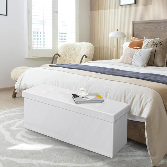 Ottoman Storage Bench 45'' Faux Leather, 165L Oversized Storage Folding Chest Footrest Padded Seat for Bedroom