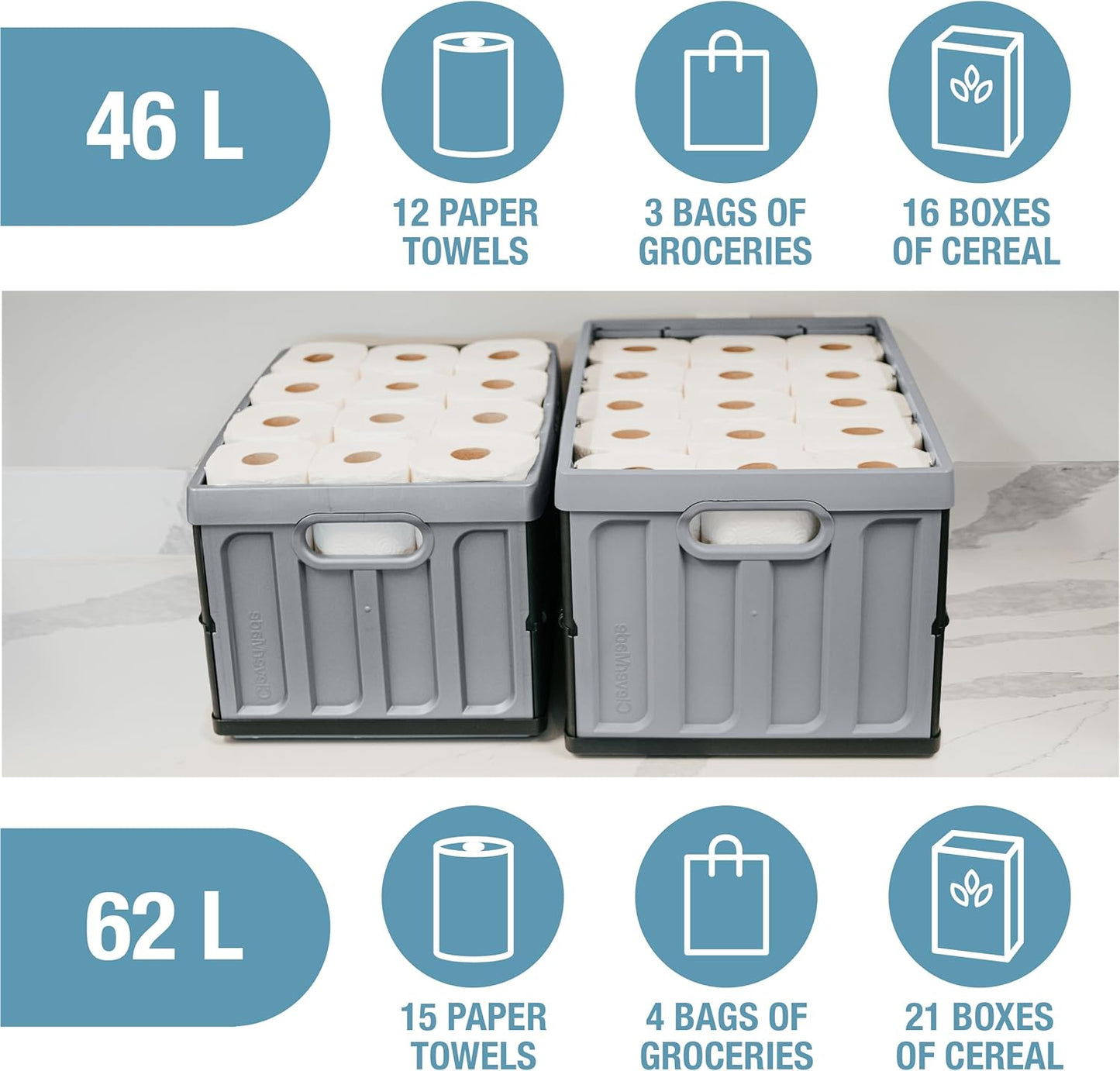 Collapsible Storage Bins with Lids- Charcoal 3 Pack 46L - Plastic Containers Stackable Organization Crates Home Closet Space-Saving Durable