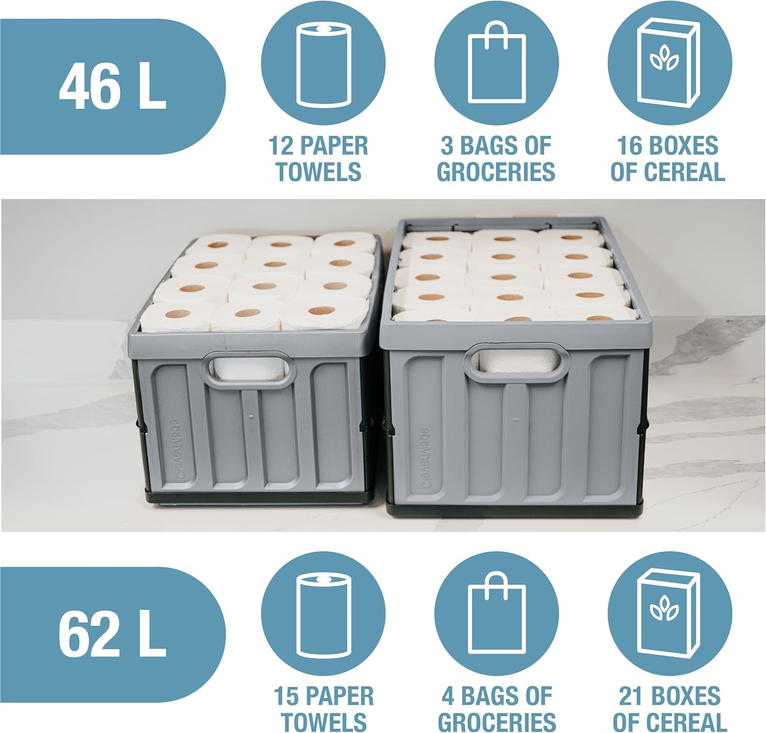 Collapsible Storage Bins with Lids- Charcoal 3 Pack 46L - Plastic Containers Stackable Organization Crates Home Closet Space-Saving Durable