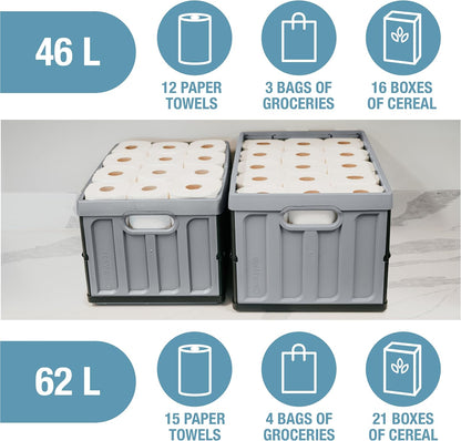 Collapsible Storage Bins with Lids- Charcoal 3 Pack 46L - Plastic Containers Stackable Organization Crates Home Closet Space-Saving Durable