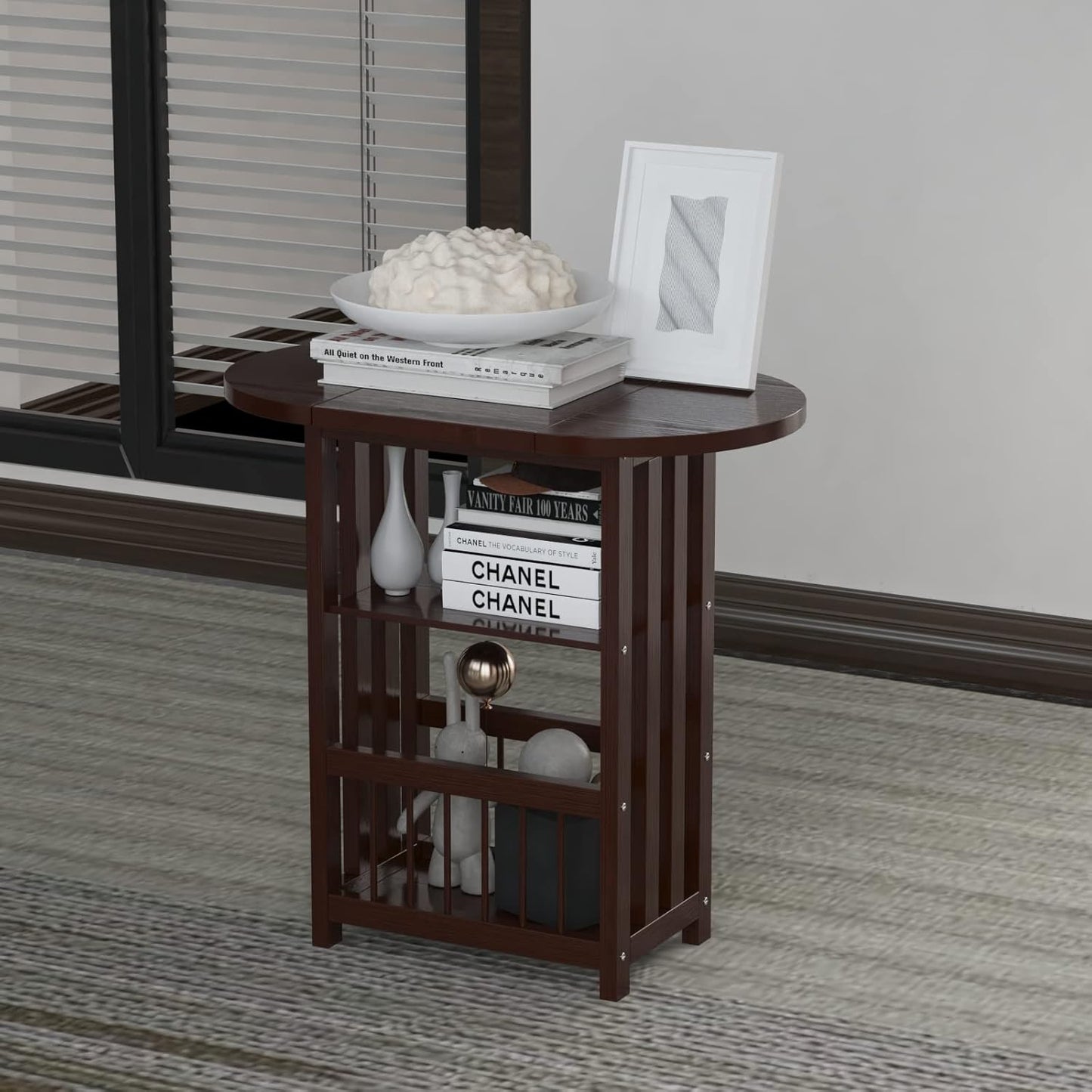 Folding Side End Table – 3-Tier Adjustable Magazine Rack Table - Multifunction Nightstand with Storage Shelves - Small Coffee Snack End Table with Rotating Tabletop for Living Room (Coffee)