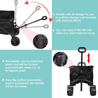 Folding Wagon Collapsible Utility Big Wheels Shopping Cart for Beach Outdoor Camping Garden Canvas Fabric All Terrain Heavy Duty Portable Grocery Cart Buggies Adjustable Handle (Black)