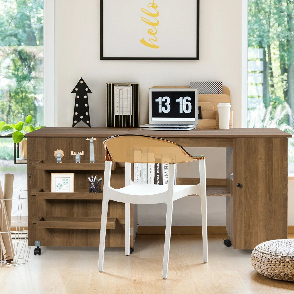 Folding Sewing Table Shelves Storage Cabinet Craft Cart W/Wheels Large Natural