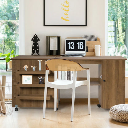 Folding Sewing Table Shelves Storage Cabinet Craft Cart W/Wheels Large Natural
