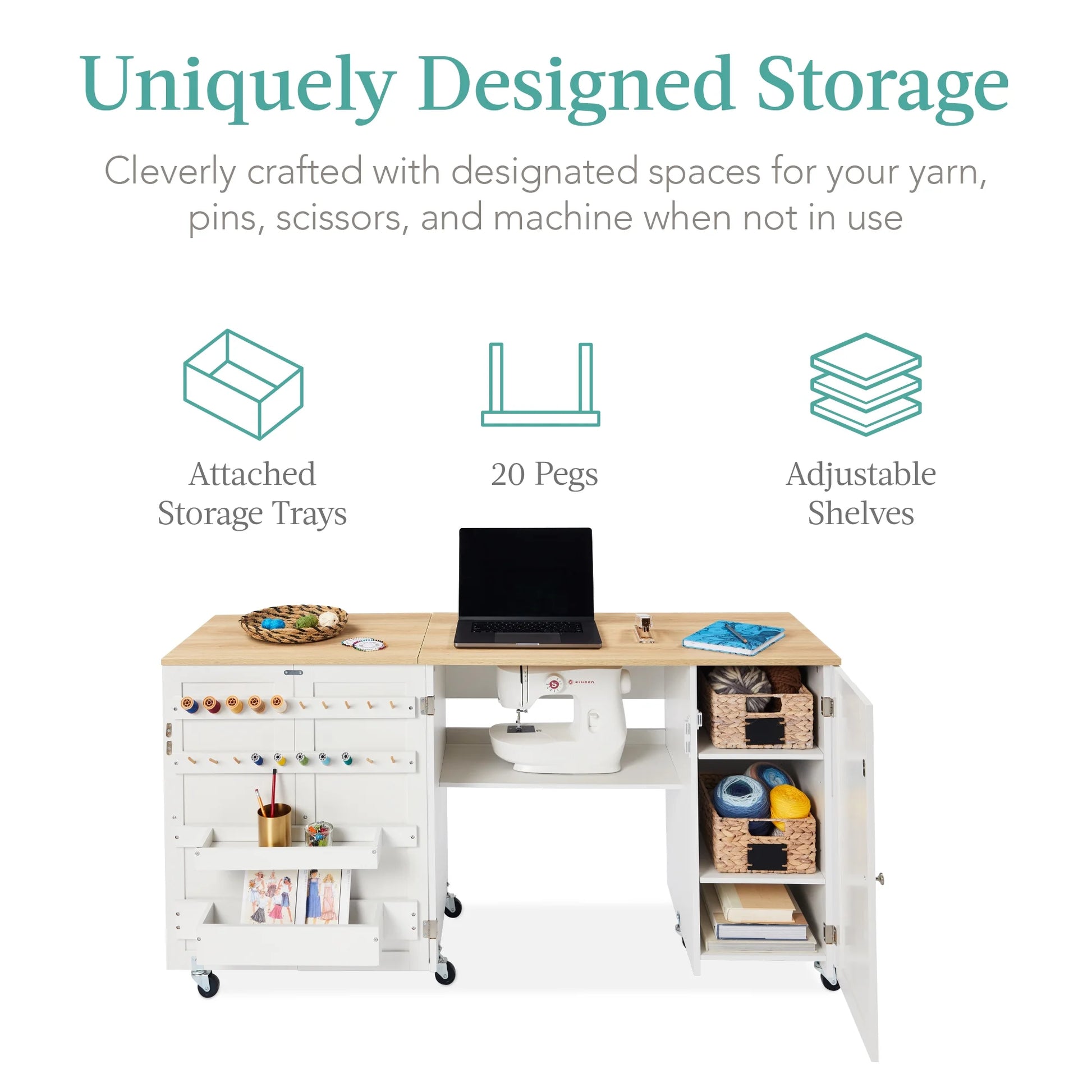 Large Portable Multipurpose Folding Sewing Table W/ Magnetic Doors, Craft Storage - White