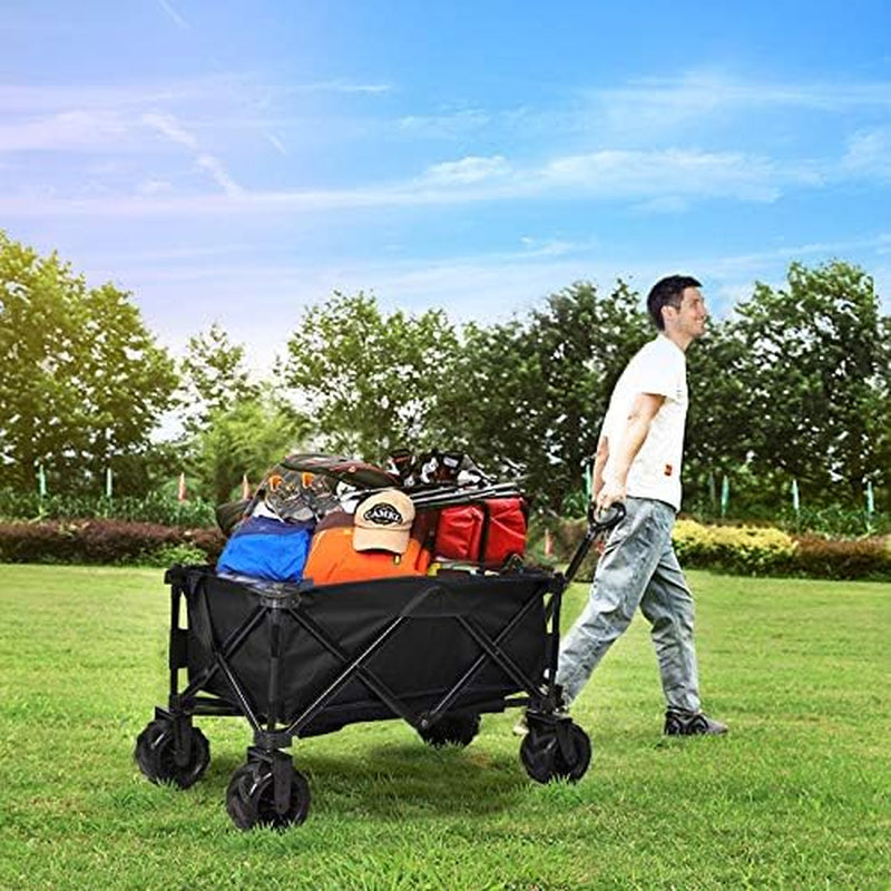 Folding Wagon Collapsible Utility Big Wheels Shopping Cart for Beach Outdoor Camping Garden Canvas Fabric All Terrain Heavy Duty Portable Grocery Cart Buggies Adjustable Handle (Black)