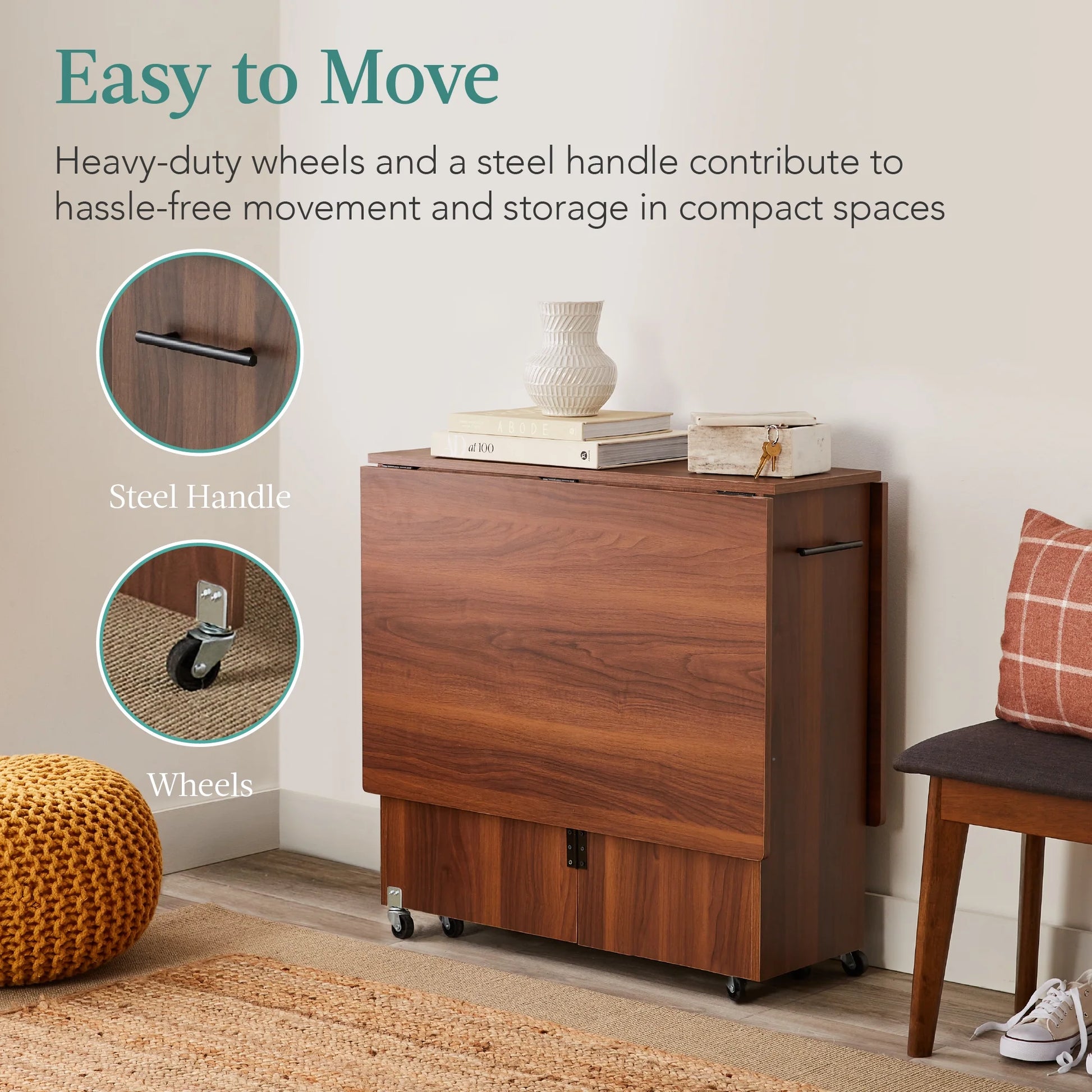 Multipurpose Folding Table W/ Wheels, 3 Storage Shelves, Cubby, Handle - Brown
