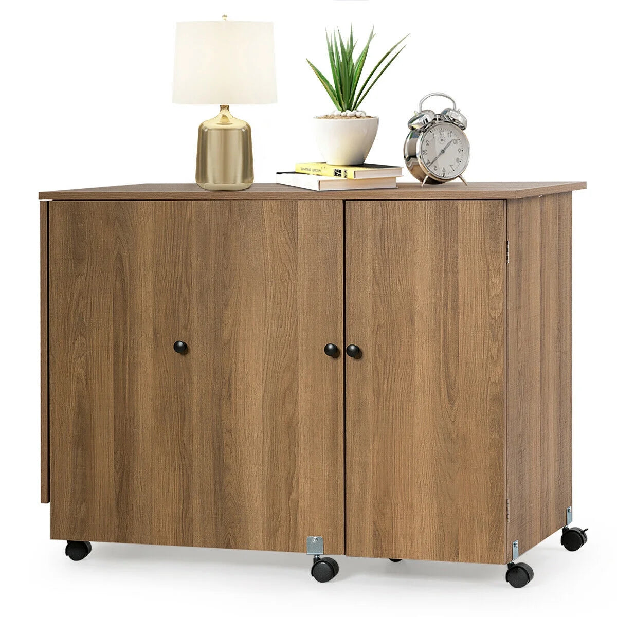Folding Sewing Table Shelves Storage Cabinet Craft Cart W/Wheels Large Natural