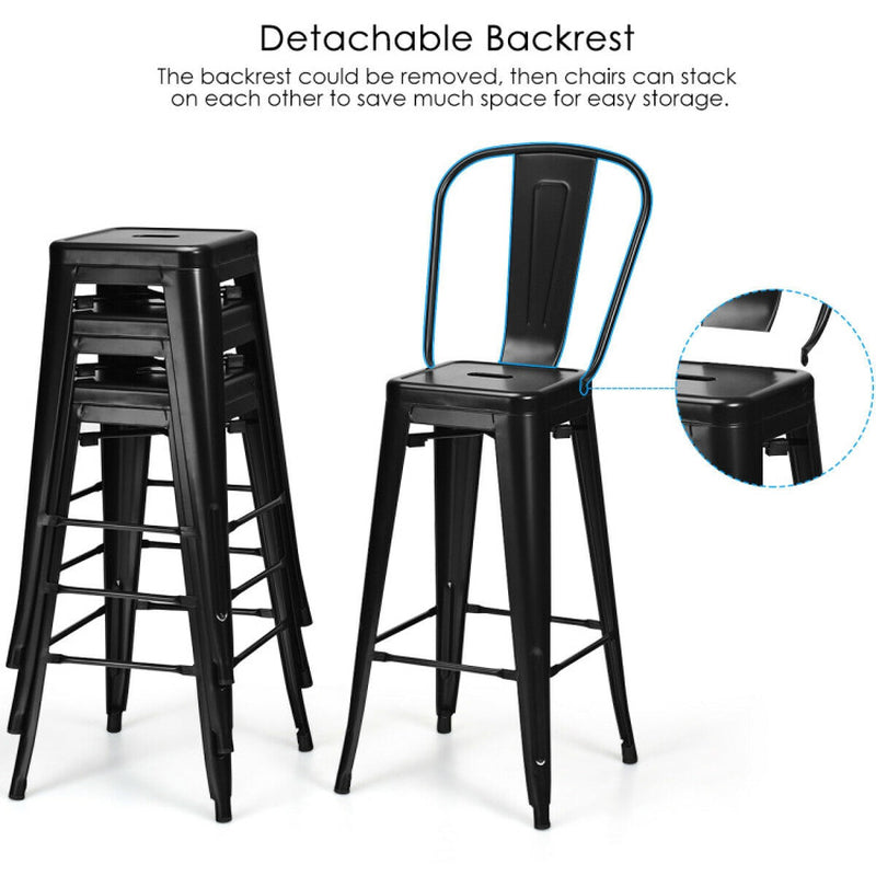 Set of 4 Modern Metal Industrial Bar Stools with Removable Back