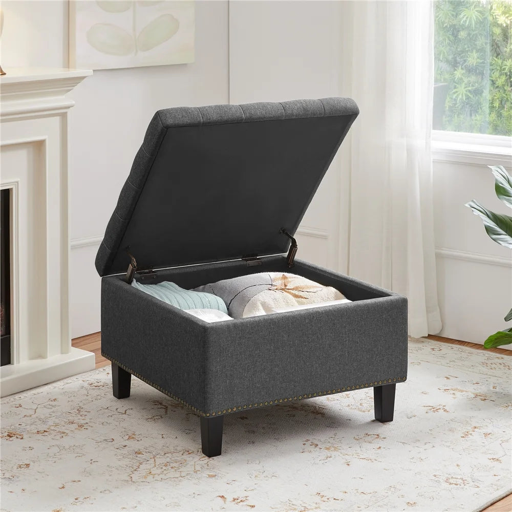 Modern Linen-Like Storage Ottoman Bench with Button-Tufted for Entryway, Dark Gray