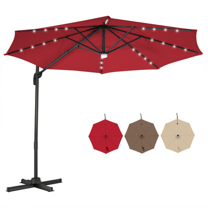 10 Feet 28LED Lighted Cantilever Solar Umbrella with Crossed Base
