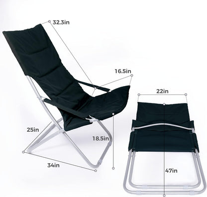 Padded Folding Patio Chair Outdoor Furniture Lawn Lounge Chair with Cushions Lightweight Portable Reclining Chair-Black