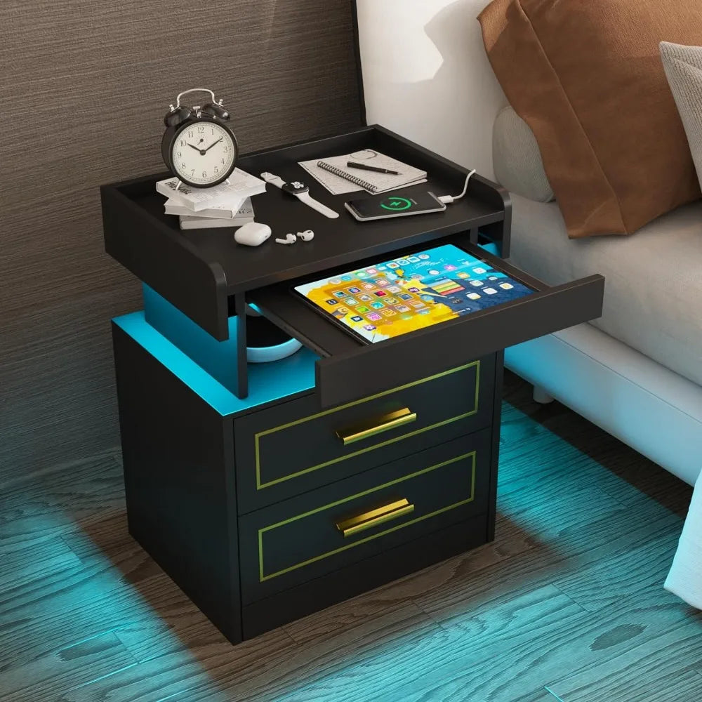 Modern Bedside Table with 2 Drawers Drawer Bedside Table with Charging Station and LED Light Bedroom Furniture Pull-Out Shelves
