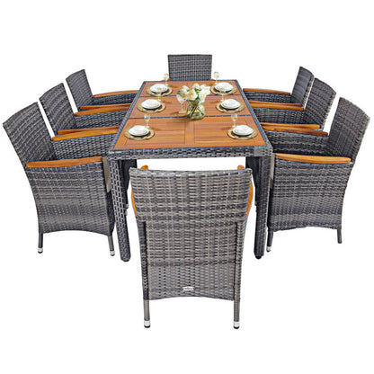 9 Pieces Patio Rattan Dining Set Acacia Wood Table Cushioned Chair