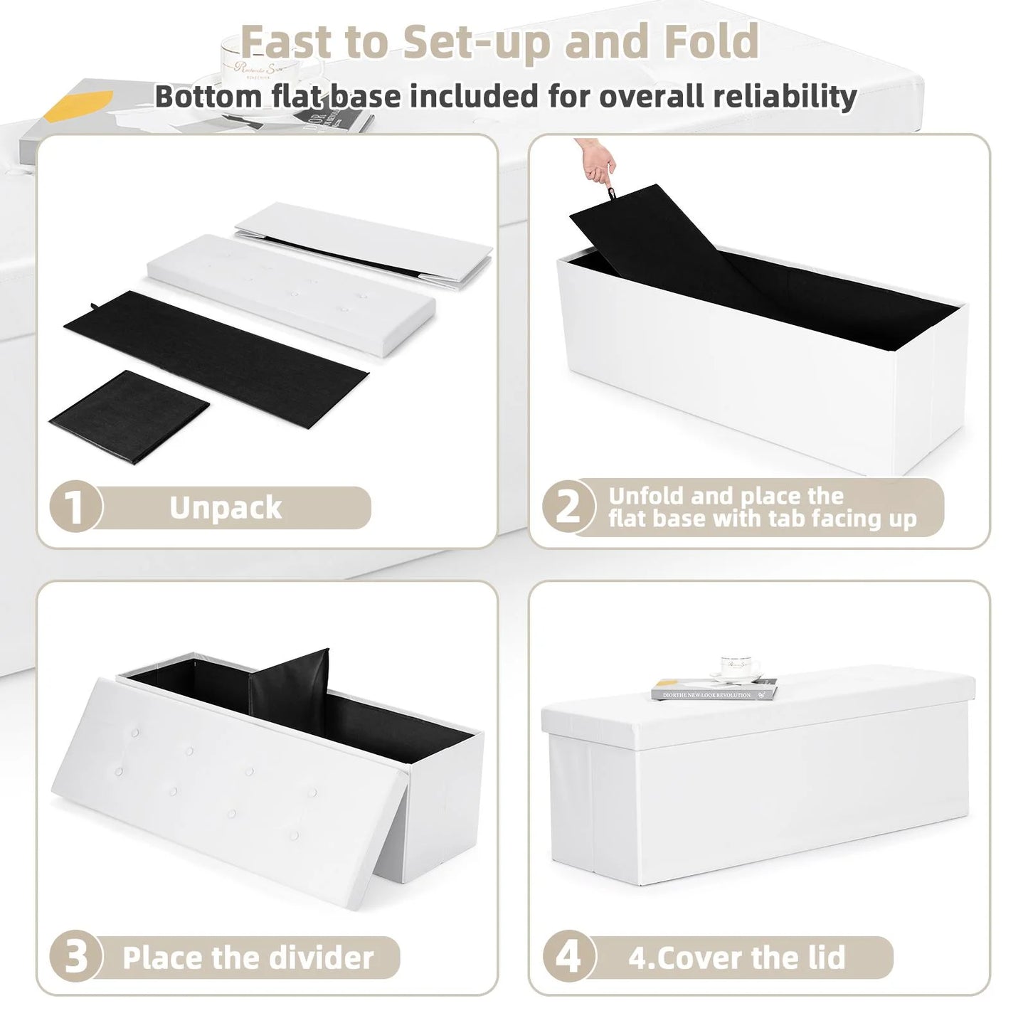 Ottoman Storage Bench 45'' Faux Leather, 165L Oversized Storage Folding Chest Footrest Padded Seat for Bedroom