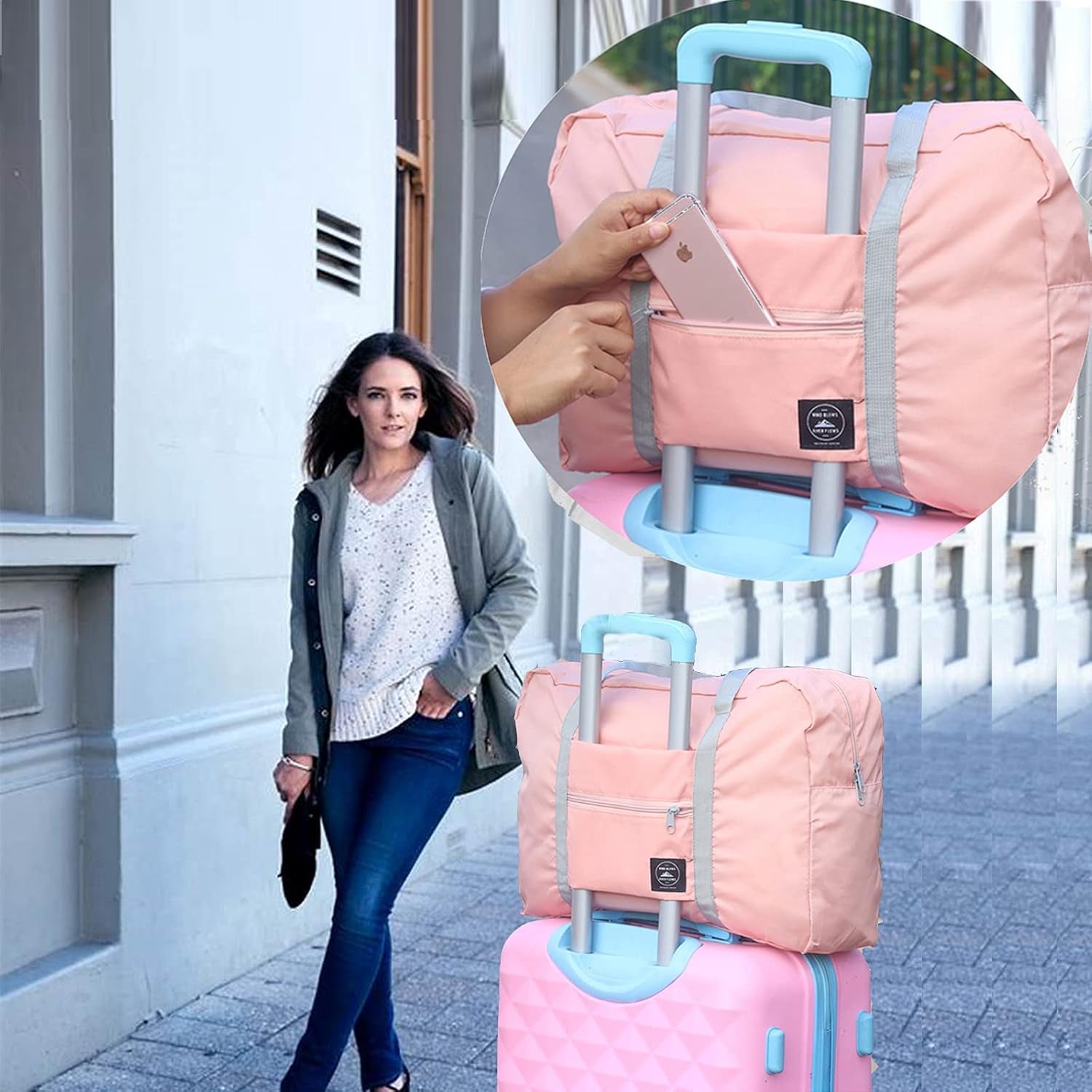 Foldable Travel Duffel Bag Lightweight Waterproof Folding Duffle Tote Bag Carry Storage Weekender Bag Folding Travel Luggage Bag for Women&Girls (Foldable Travel Bag for Pink)