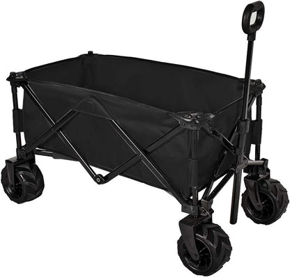 Folding Wagon Collapsible Utility Big Wheels Shopping Cart for Beach Outdoor Camping Garden Canvas Fabric All Terrain Heavy Duty Portable Grocery Cart Buggies Adjustable Handle (Black)