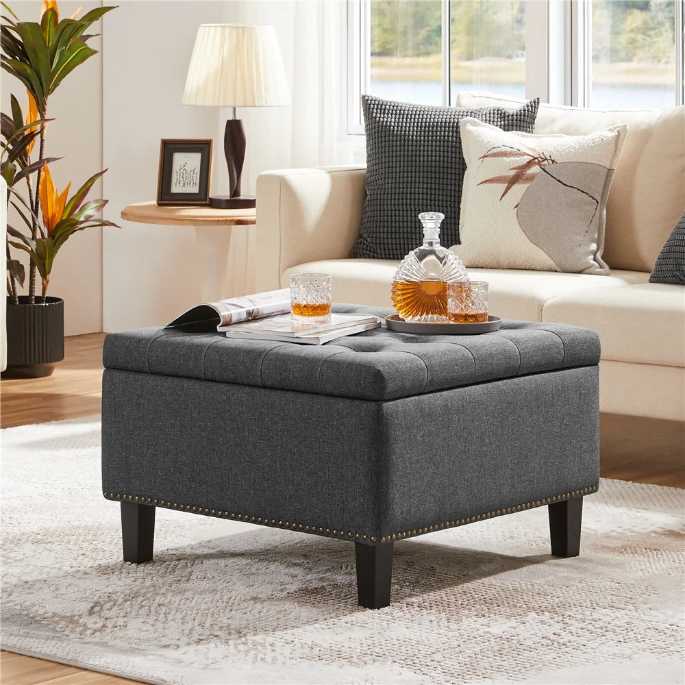Modern Linen-Like Storage Ottoman Bench with Button-Tufted for Entryway, Dark Gray