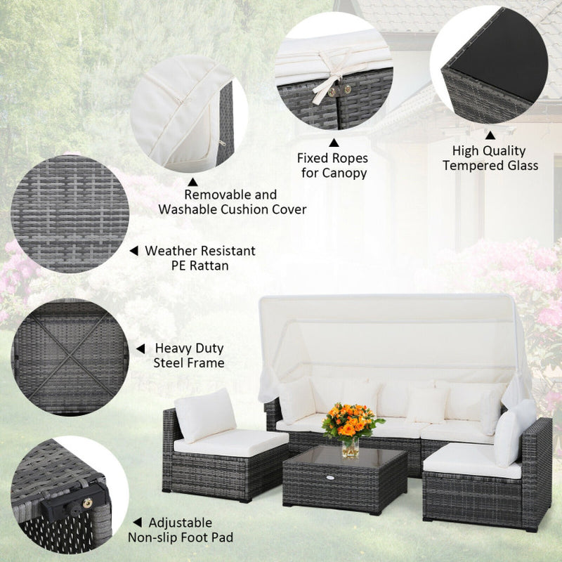 6 Pieces Patio Rattan Furniture Set with Retractable Canopy