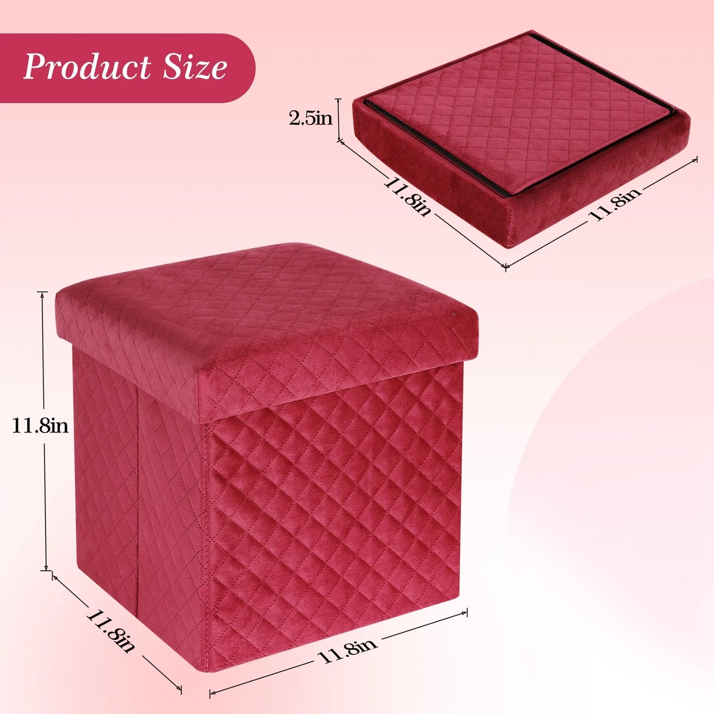 Folding Storage Ottoman Cube Velvet Tufted Space-Saving Toy Box Foot Rest Stool Seat for Home Bedroom, 11.8"