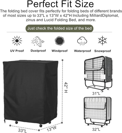 33 in Folding Bed Cover, Black Rollaway Bed Storage Cover for Fold up Bed, Thickened Folding Cot Bed Cover, with Metal Zipper and Adjustable Drawstring, Dustproof and Waterproof