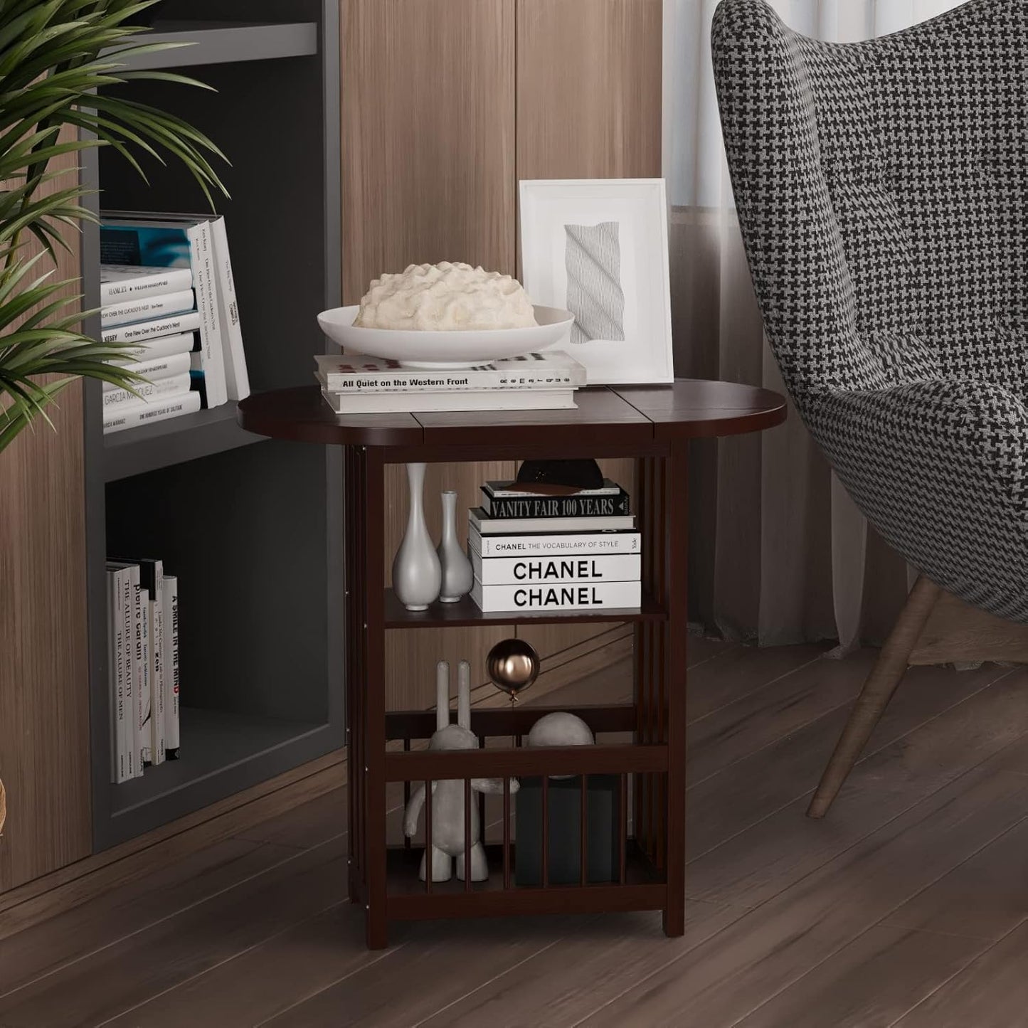 Folding Side End Table – 3-Tier Adjustable Magazine Rack Table - Multifunction Nightstand with Storage Shelves - Small Coffee Snack End Table with Rotating Tabletop for Living Room (Coffee)