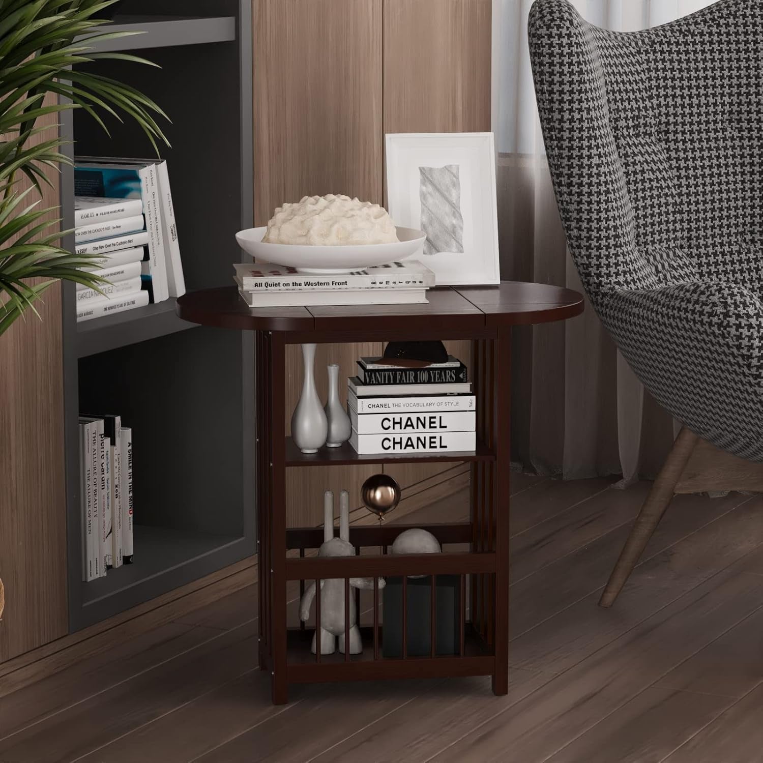 Folding Side End Table – 3-Tier Adjustable Magazine Rack Table - Multifunction Nightstand with Storage Shelves - Small Coffee Snack End Table with Rotating Tabletop for Living Room (Coffee)